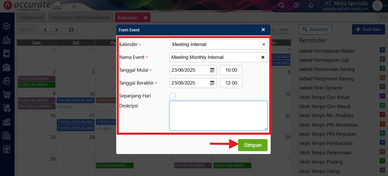 baca kalender Accurate Online